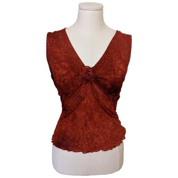 Vintage Y2K Red Crinkle Mesh Top Babydoll V-Neck Rosette Fairycore Ruffle Tank S - Picture 2 of 10